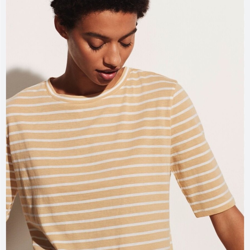 Vince Beige and White Striped Short-Sleeve Crewneck Tee